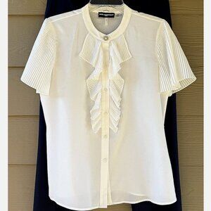Karl Lagerfeld Paris White Ruffled Front Pleated Short Sleeve Top Blouse Size M